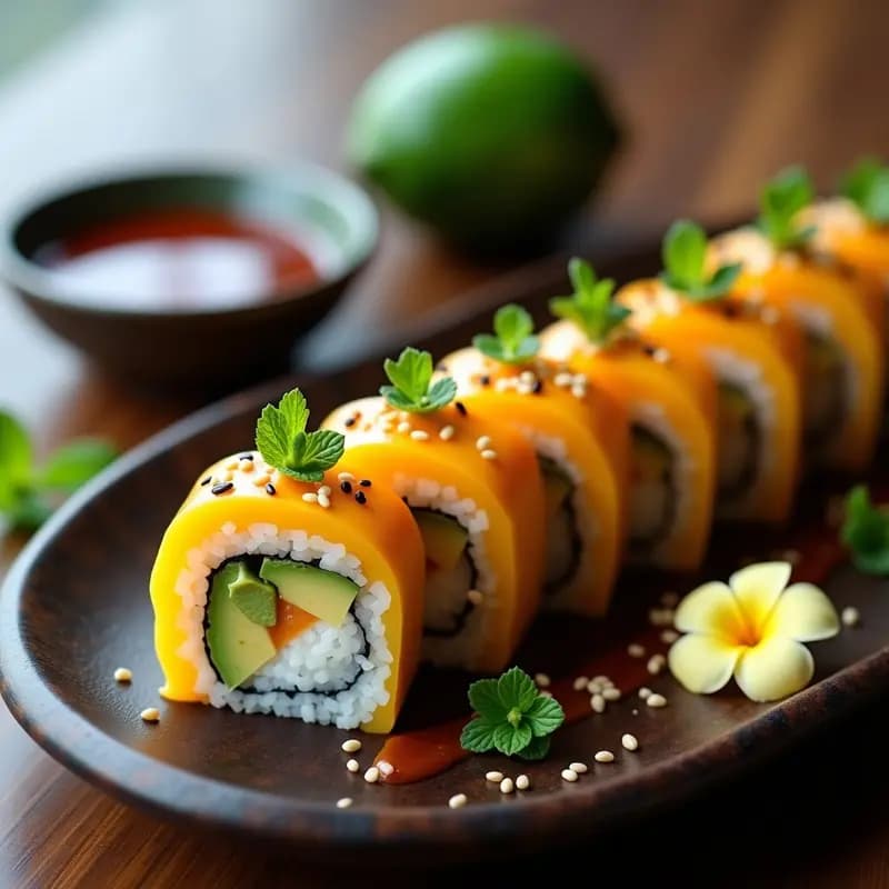 Sushi de Mango y Aguacate con Salsa Teriyaki: Roll Vegano y Fotogénico en 20 Minutos