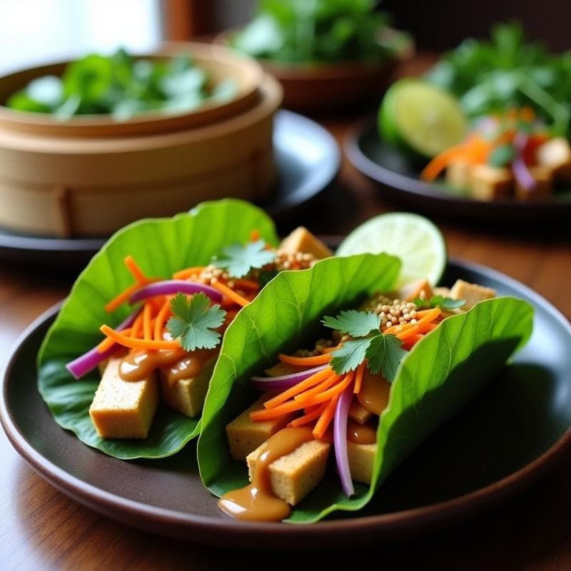 Tacos de Hoja de Loto con Relleno de Tofu y Salsa de Cacahuete: Receta Vegana al Vapor Sin Freír