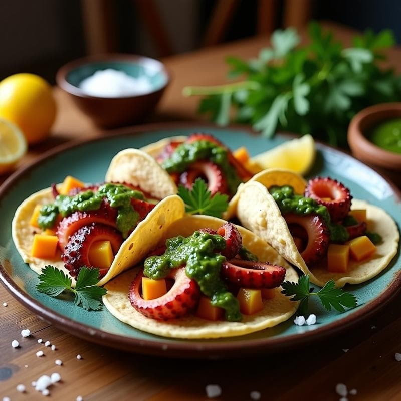 Tacos de Pulpo a la Gallega con Chimichurri de Perejil: Receta Mexicana Gourmet