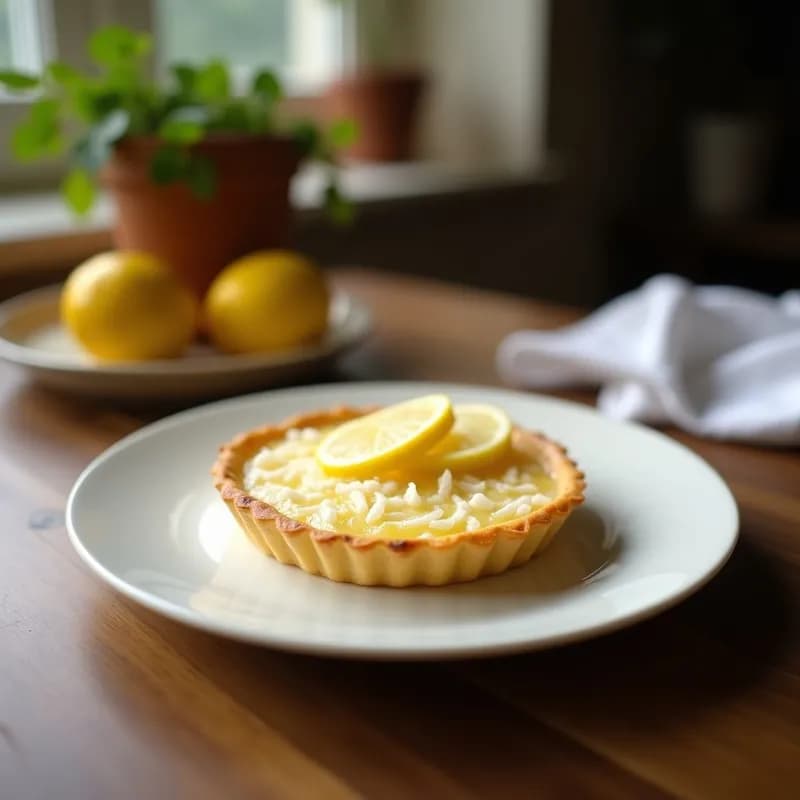 Tartaletas veganas de coco y limón en moldes blancos, base dorada de almendras y dátiles con relleno cremoso amarillo, decoradas con coco rallado y rodajas de limón.