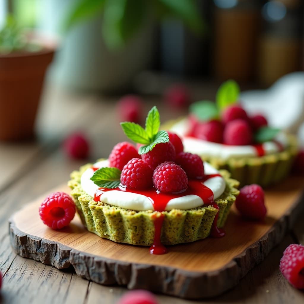 Tartaleta de Base de Pistacho con Crema de Espárragos Blancos y Vinagreta de Frambuesa