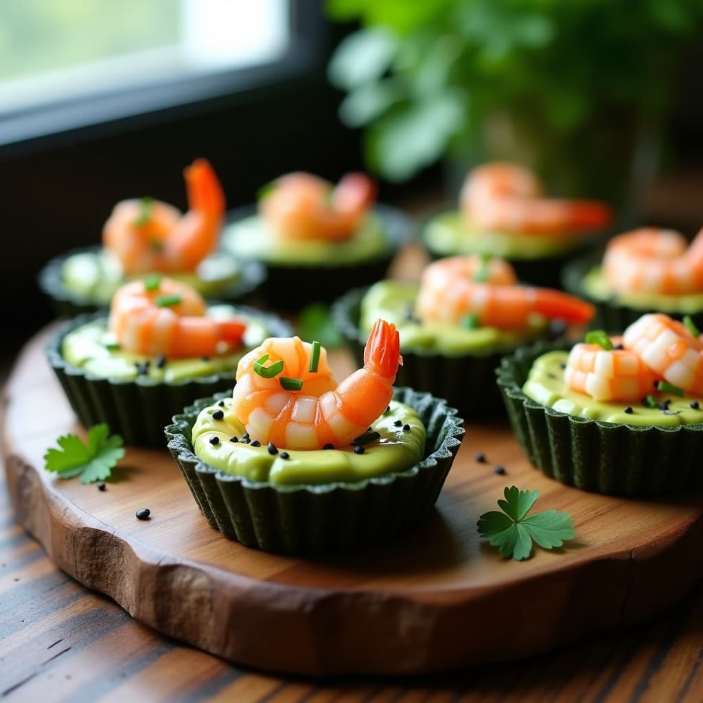 Tartaletas de Masa de Algas con Relleno de Aguacate y Langostinos: Aperitivo Asiático Sin Horno