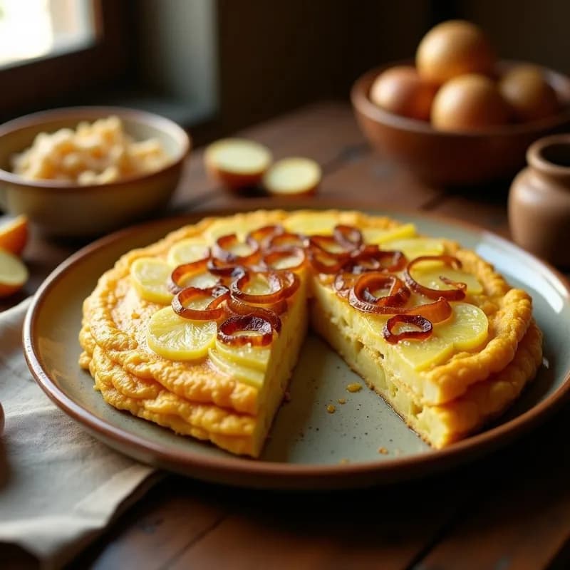Tortilla española esponjosa dorada por fuera y jugosa por dentro, cortada en porciones, con trozos de patata y cebolla visibles, servida en plato de barro rústico.