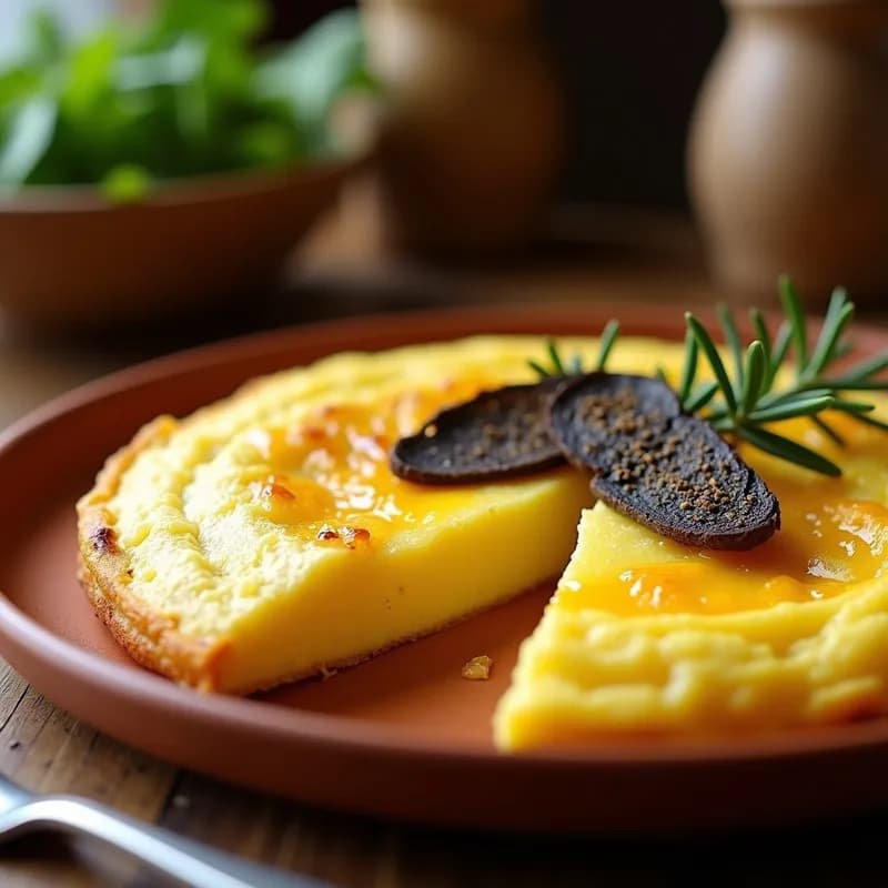 Tortilla de patatas dorada y jugosa con láminas de trufa negra y un hilo de aceite de trufa, servida en plato de barro rústico, receta Thermomix gourmet.