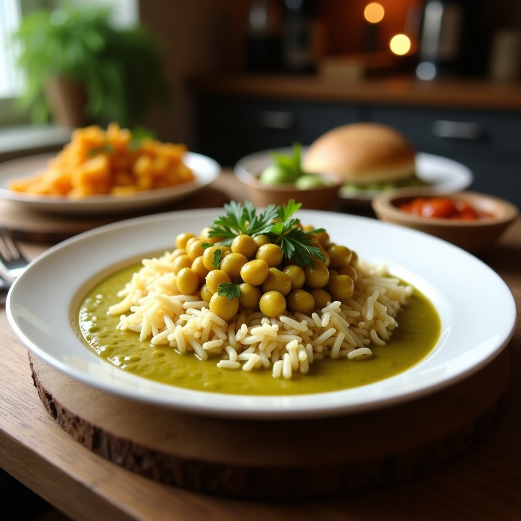 Curry Verde Cremoso de Garbanzos y Berenjena con Arroz Basmati: Receta Vegana y Aromática en 30 Minutos