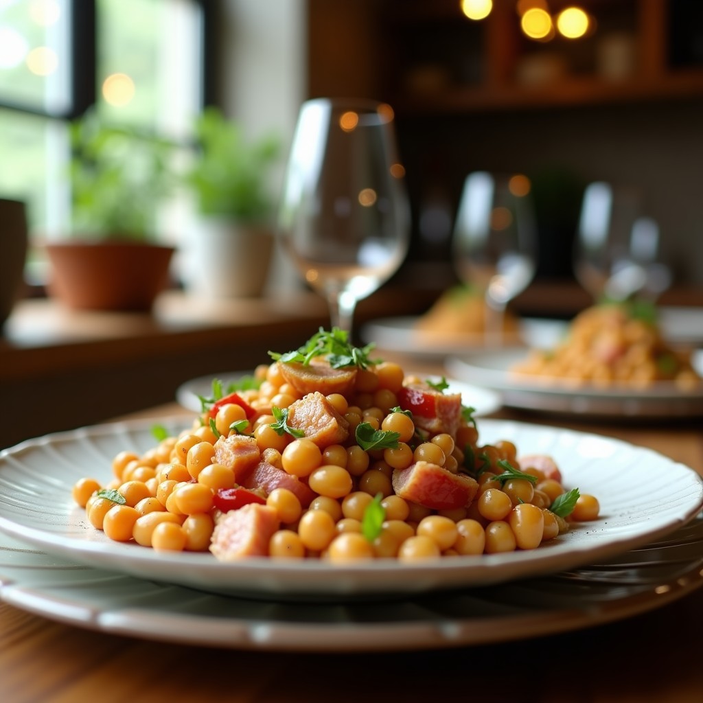 Ensalada Templada de Bacalao Confitado y Garbanzos con Espinacas y Vinagreta de Pimentón