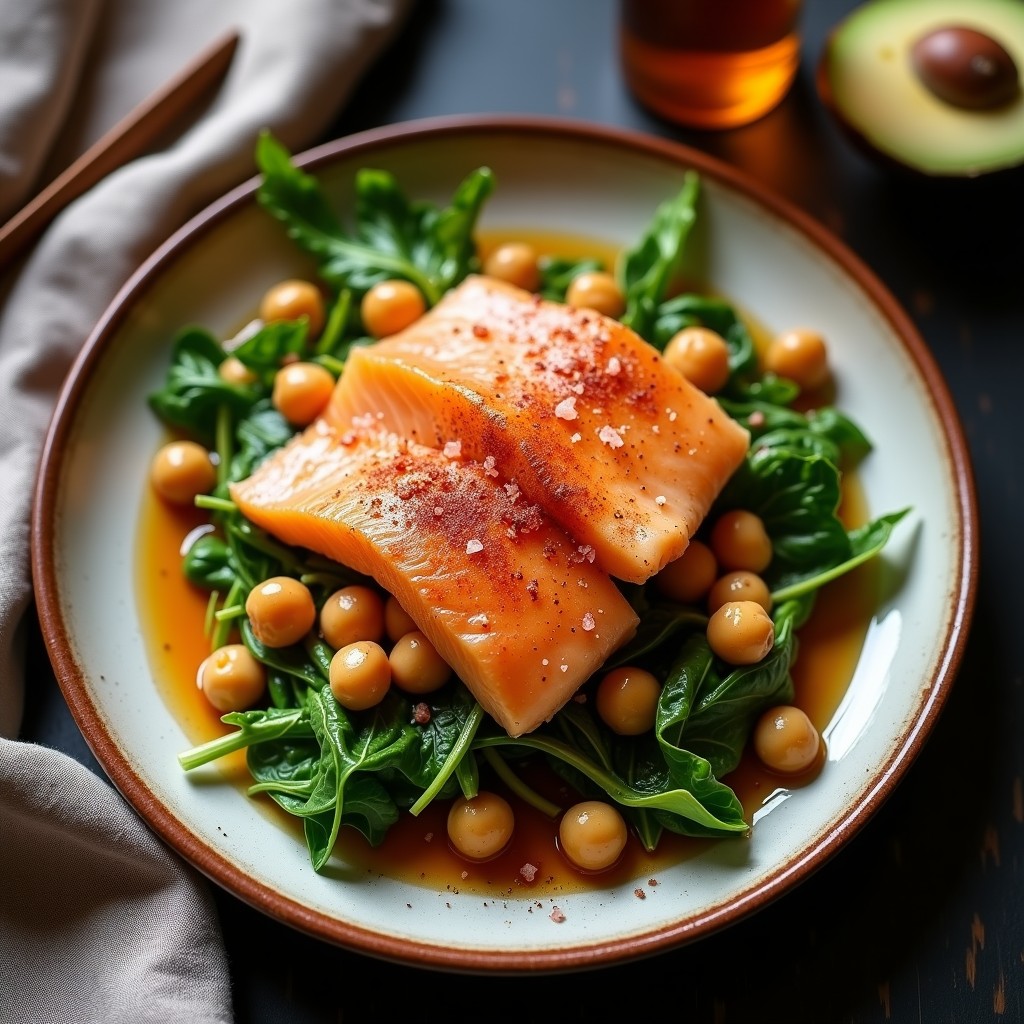 Ensalada Templada de Garbanzos y Escarola con Bacalao Ahumado y Vinagreta de Pimentón