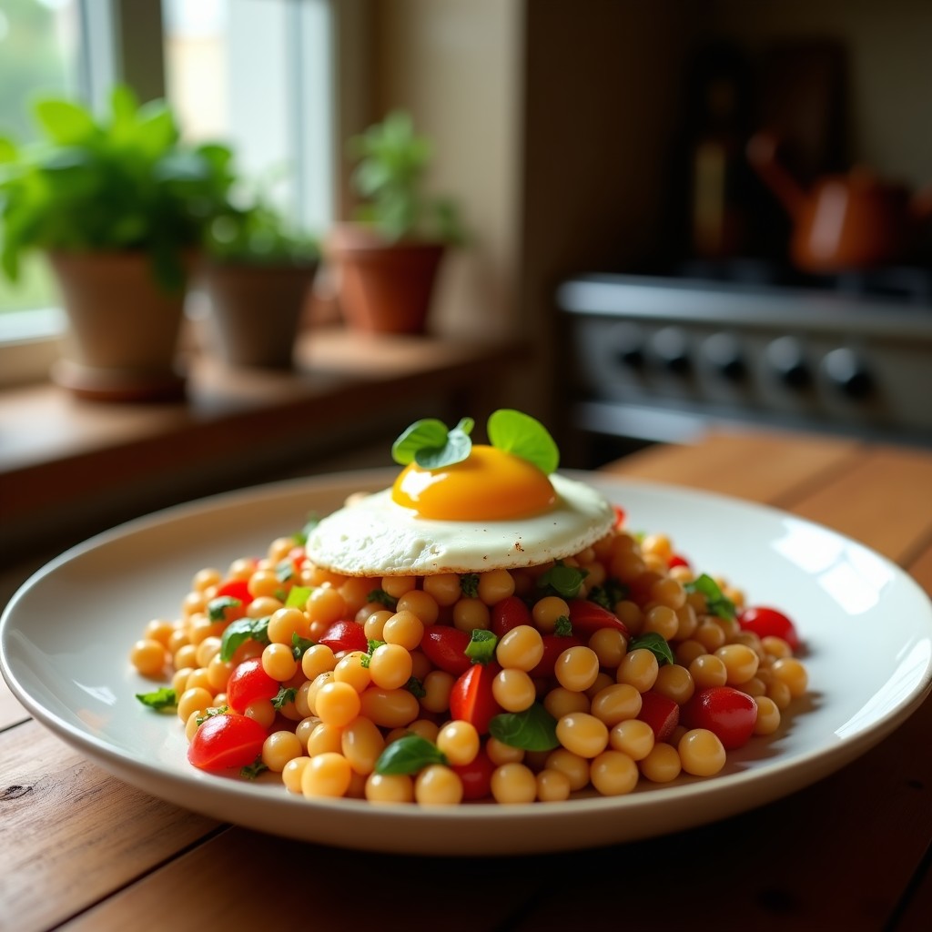 Ensalada Templada de Garbanzos y Espárragos Trigueros con Huevo Poché y Vinagreta de Mostaza Antigua