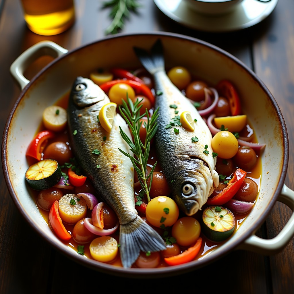 Lubina al Horno con Verduras Mediterráneas y Patatas Panadera