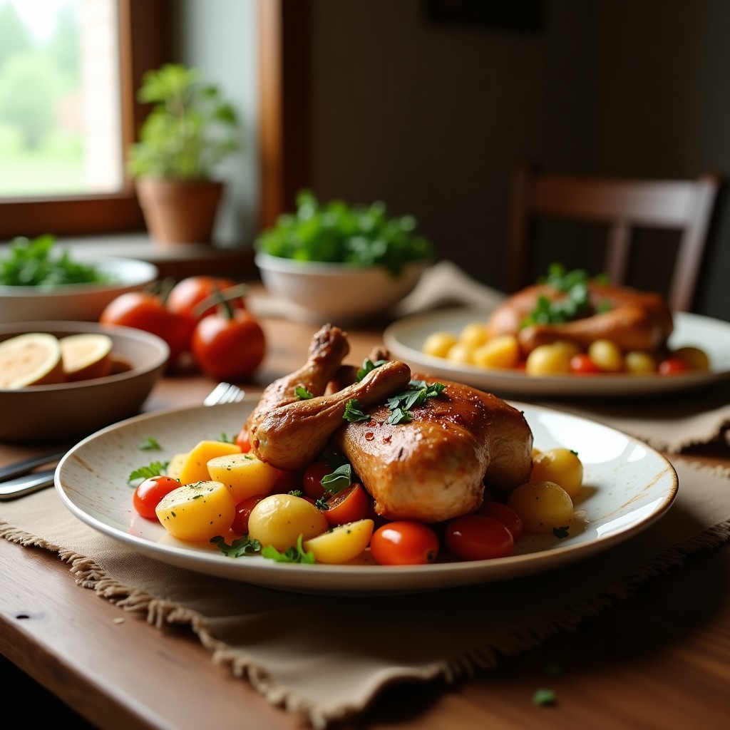 Pollo al Horno con Salsa de Pimientos Asados y Patatas Rústicas: Receta Jugosa y Fácil
