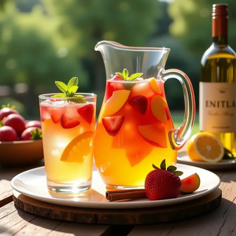 Jarra de cristal transparente llena de sangría de frutas de temporada con vino blanco, trozos de melocotón, sandía, fresas, naranja y limón flotando, decorada con ramitas de hierbabuena y canela en rama, servida en copas altas con hielo sobre una mesa de madera rústica al aire libre.