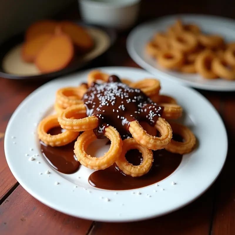 Plato de churros españoles dorados y crujientes, esponjosos por dentro, servidos sobre un plato de cerámica blanca con salsa de chocolate 100% cacao oscura y brillante, espolvoreada con sal marina y canela. Fondo rústico con detalles de madera.