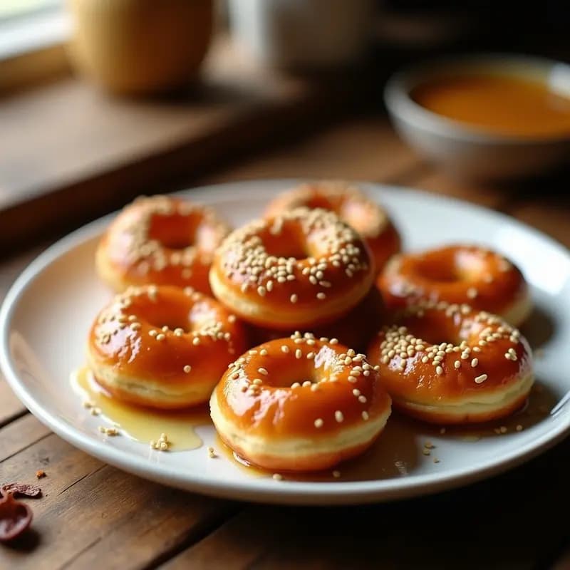 Zalabia marroquí dorada y crujiente en forma de donut, bañadas en miel brillante con semillas de sésamo tostadas por encima, servidas en un plato de cerámica blanca sobre fondo rústico.